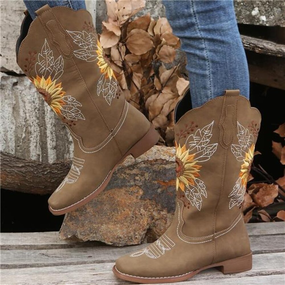 NEW Women's Sunflower Cowgirl Boots, Square Toe Western Embroidery Mid Calf - Picture 7 of 7